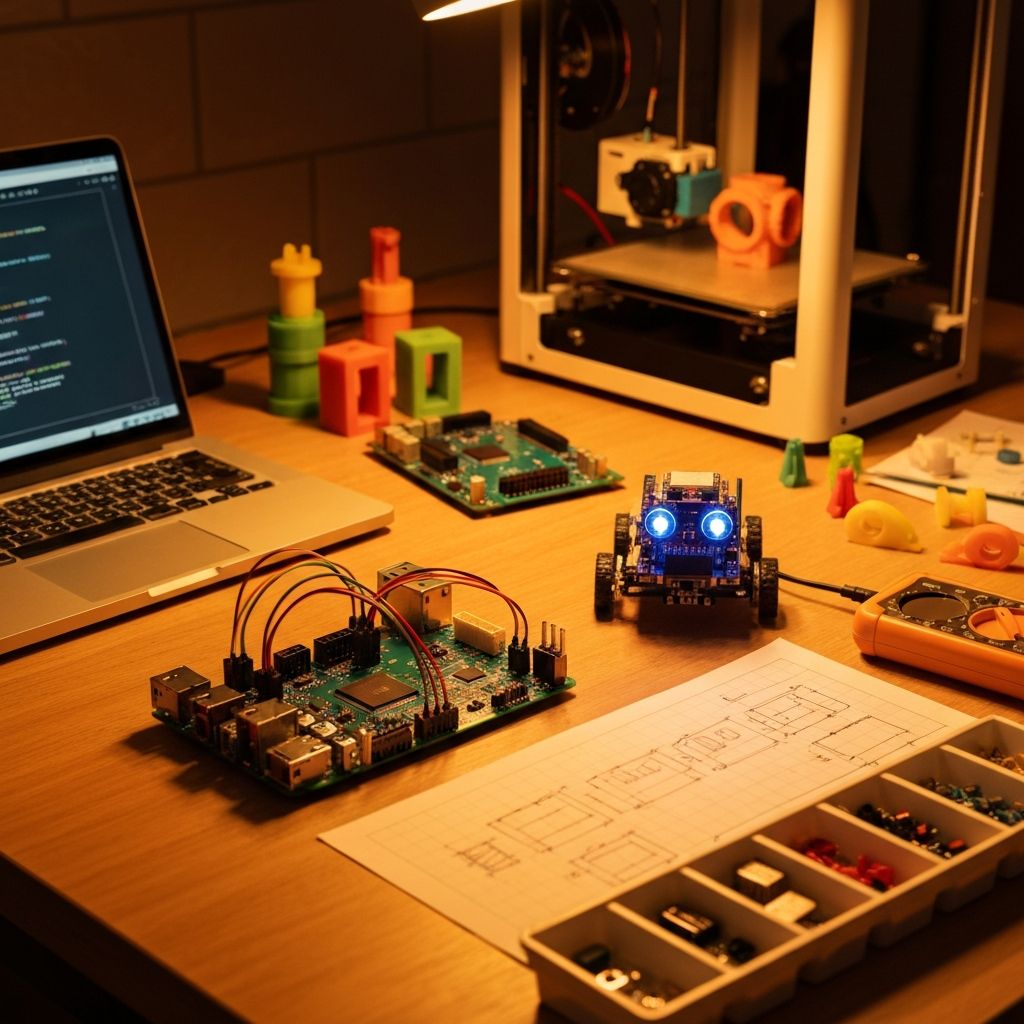 Taller de inventos con componentes electrónicos y herramientas